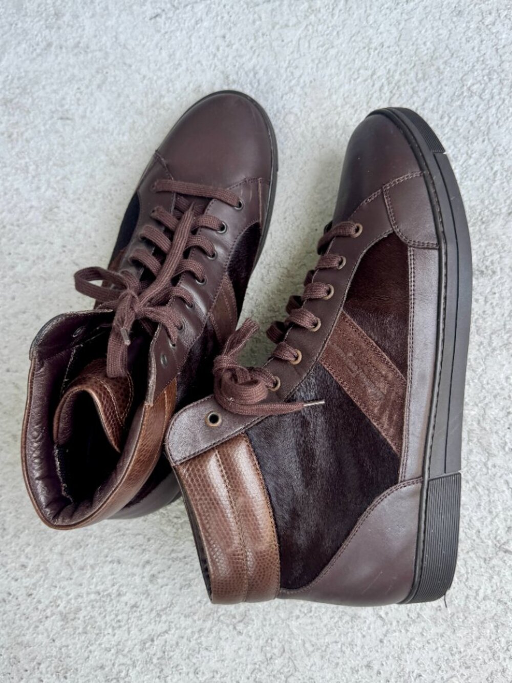 Salvatore Ferragamo TZ2882 Leather Pony Hair High Top Sneakers Brown 13 D